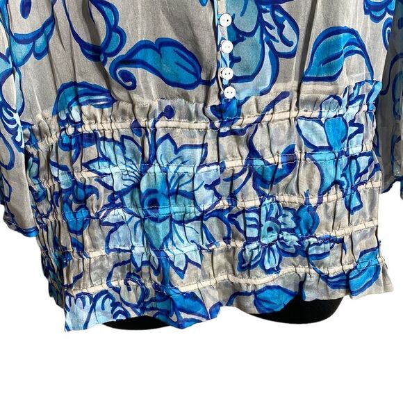 Soft surroundings 100% silk sheer top smocked art to wear dopamine med floral - Picture 4 of 8